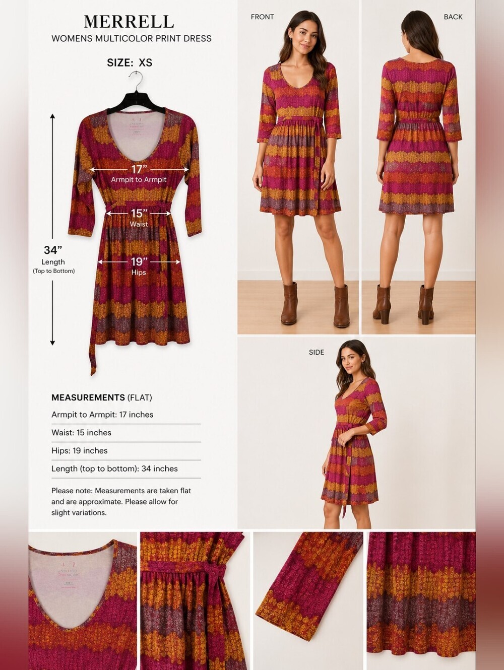 Merrell Womens Multicolor Print Dress Boho Casual Festive Size XS - Picture 2 of 5